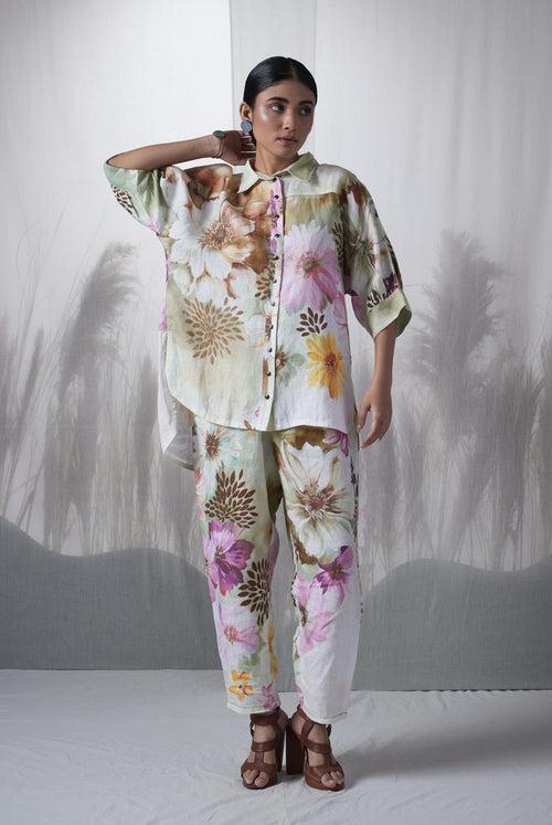 Snuff floral printed, hand woven linen Ceiba kimono shirt paired with pants, Sustainable Cord set