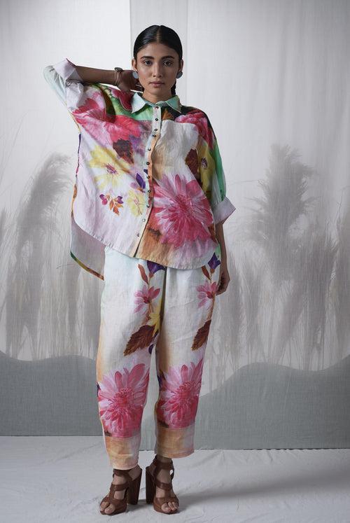 Green floral printed, hand woven linen Ramon kimono shirt paired with pants, Sustainable Cord set