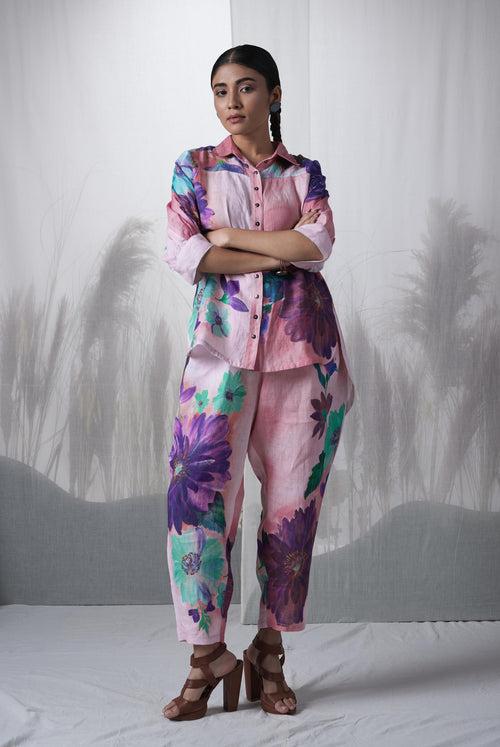 Pink floral printed, hand woven linen Kauri kimono shirt paired with pants, Sustainable Cord set