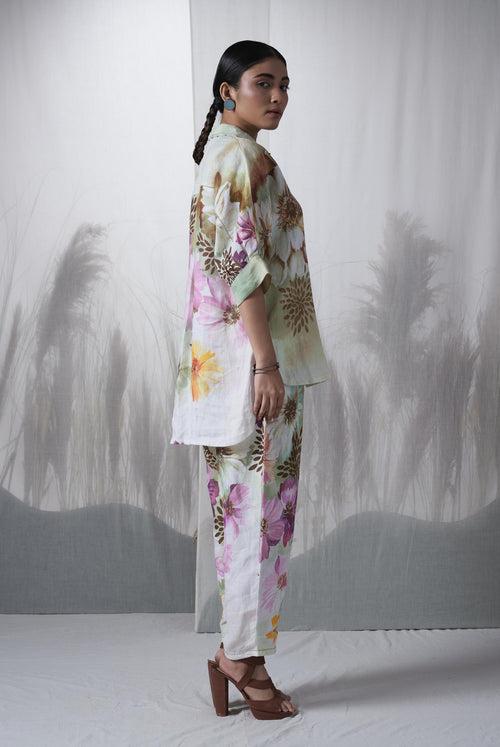 Snuff floral printed, hand woven linen Ceiba kimono shirt paired with pants, Sustainable Cord set