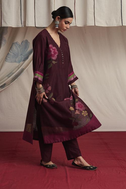 Burgandy hand woven silk and khadi cotton jamdani Ajuni kurta set.