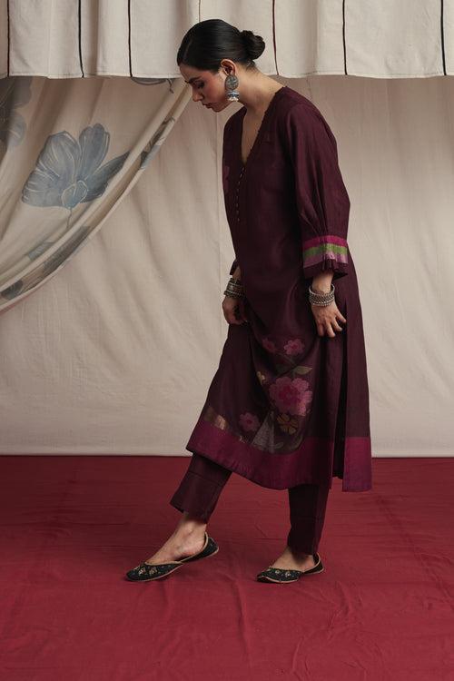 Burgandy hand woven silk and khadi cotton jamdani Ajuni kurta set.