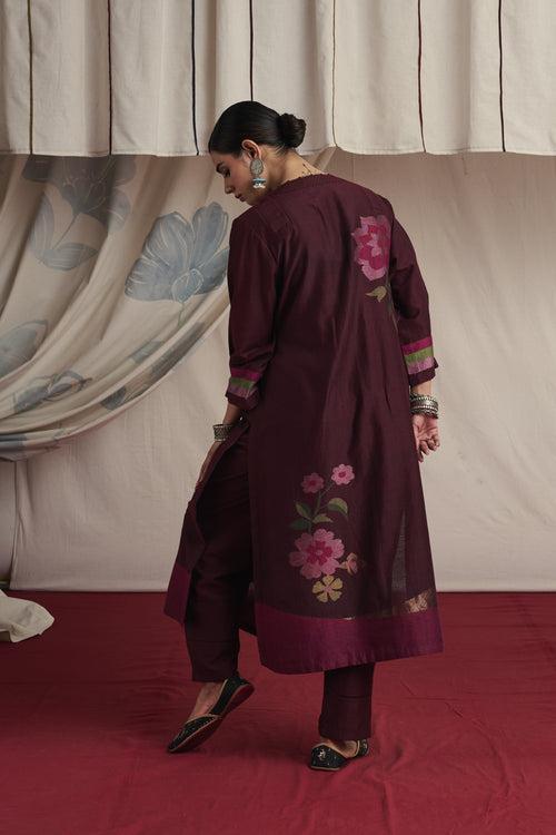 Burgandy hand woven silk and khadi cotton jamdani Ajuni kurta set.