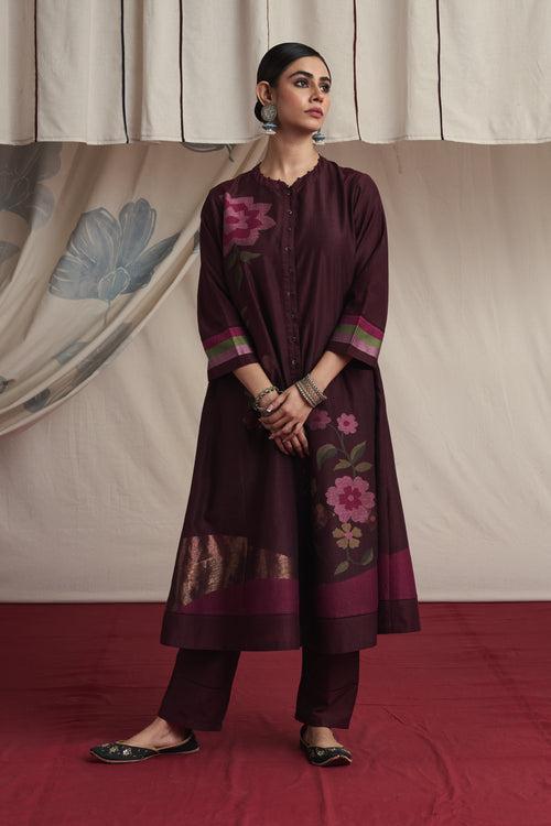 Burgandy hand woven silk and khadi cotton jamdani Maira kurta set.