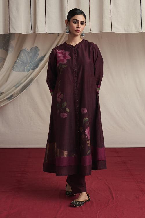 Burgandy hand woven silk and khadi cotton jamdani Maira kurta set.