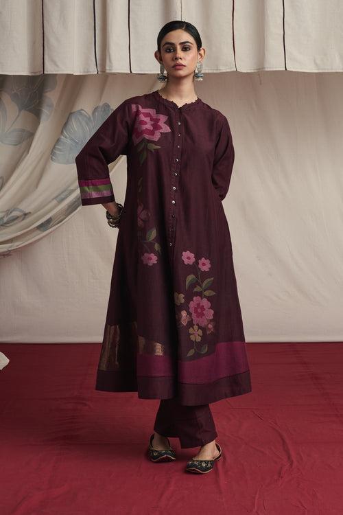 Burgandy hand woven silk and khadi cotton jamdani Maira kurta set.