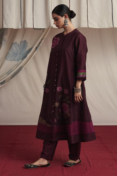 Burgandy hand woven silk and khadi cotton jamdani Maira kurta set.