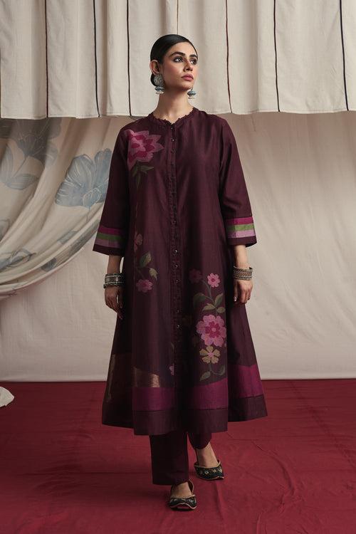 Burgandy hand woven silk and khadi cotton jamdani Maira kurta set.