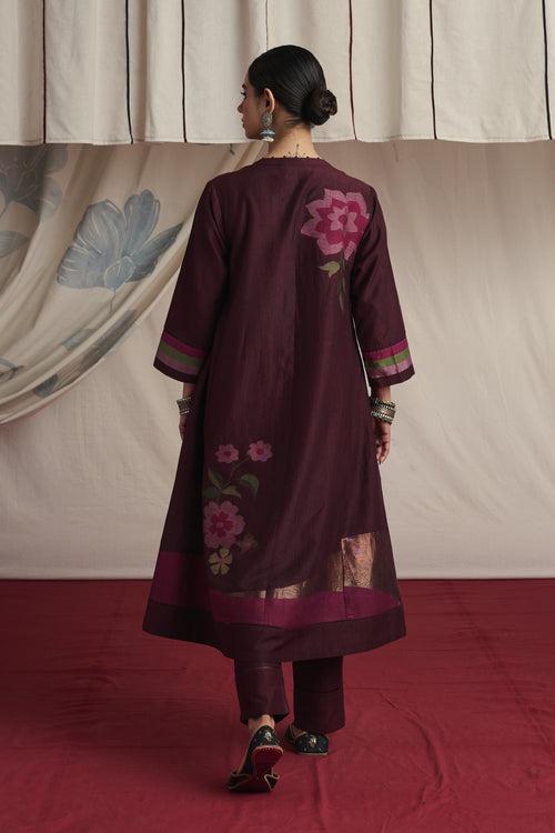 Burgandy hand woven silk and khadi cotton jamdani Maira kurta set.