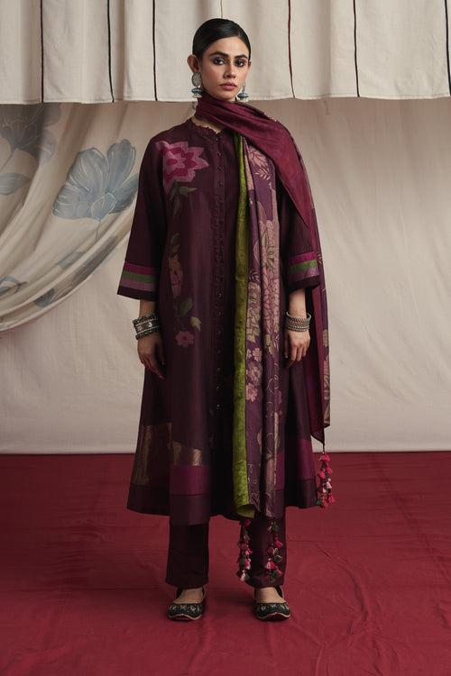 Burgandy hand woven silk and khadi cotton jamdani Maira kurta set.