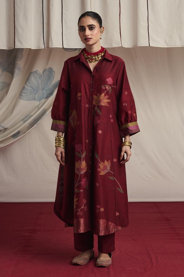 Brick red hand woven silk and khadi cotton jamdani Naira kurta set.