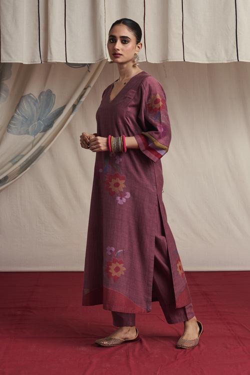 Salmon pink hand woven silk and khadi cotton jamdani Rabia kurta set