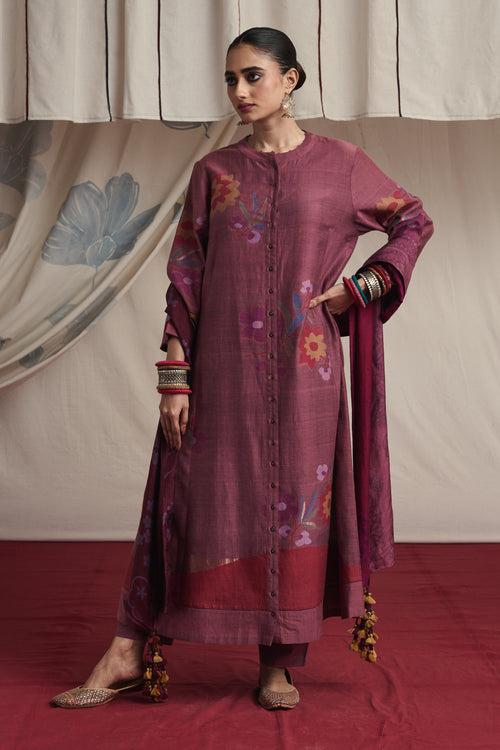 Salmom pink hand woven silk and khadi cotton jamdani Nazia kurta set.