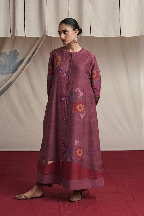 Salmom pink hand woven silk and khadi cotton jamdani Nazia kurta set.