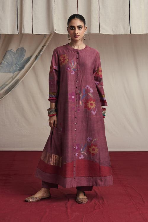 Salmom pink hand woven silk and khadi cotton jamdani Nazia kurta set.