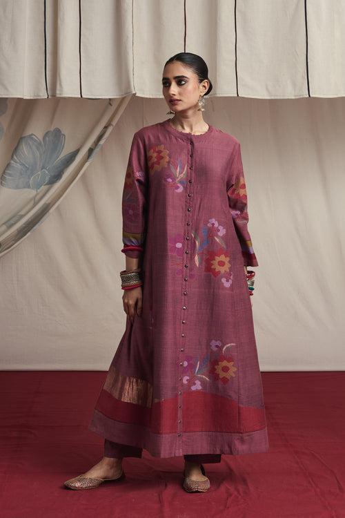 Salmom pink hand woven silk and khadi cotton jamdani Nazia kurta set.