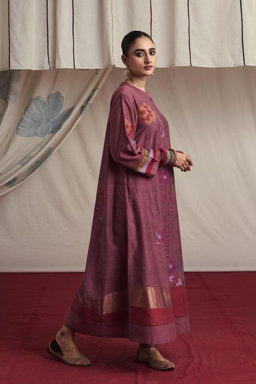 Salmom pink hand woven silk and khadi cotton jamdani Nazia kurta set.