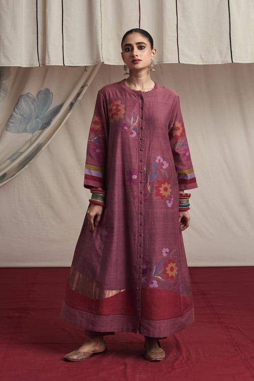 Salmom pink hand woven silk and khadi cotton jamdani Nazia kurta set.