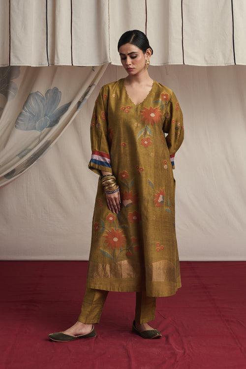 Mustard hand woven silk and khadi cotton jamdani Myrah kurta set.