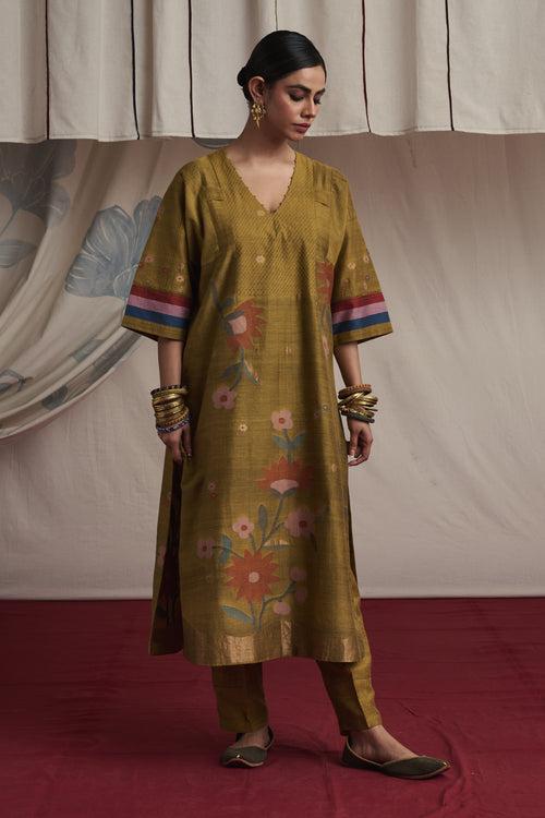 Mustard hand woven silk and khadi cotton jamdani Ayesha kurta set