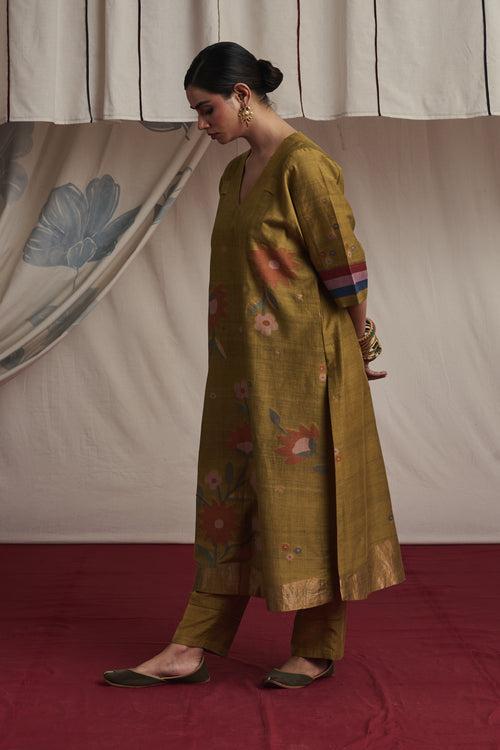 Mustard hand woven silk and khadi cotton jamdani Ayesha kurta set