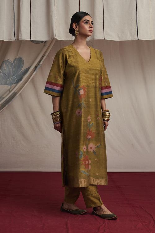 Mustard hand woven silk and khadi cotton jamdani Ayesha kurta set