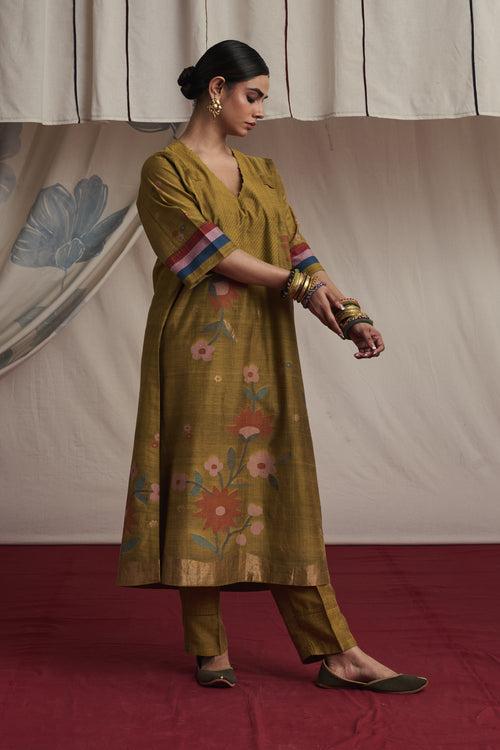 Mustard hand woven silk and khadi cotton jamdani Ayesha kurta set