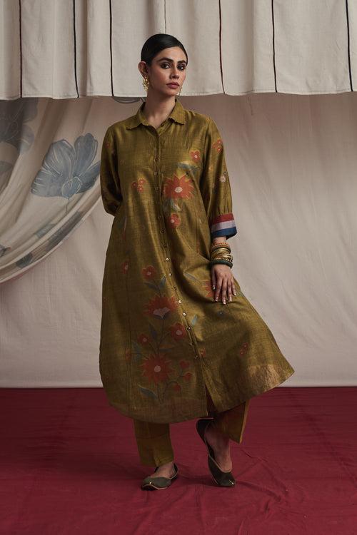 Mustard hand woven silk and khadi cotton jamdani Inaya kurta set