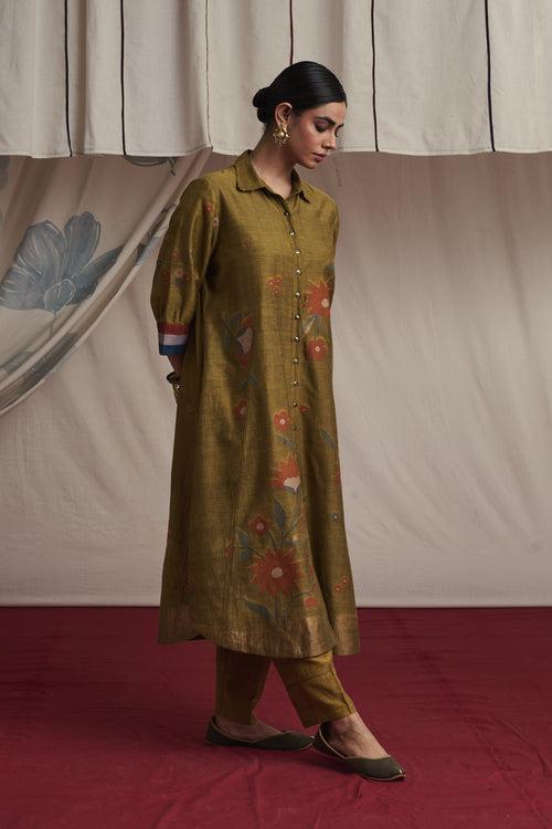 Mustard hand woven silk and khadi cotton jamdani Inaya kurta set