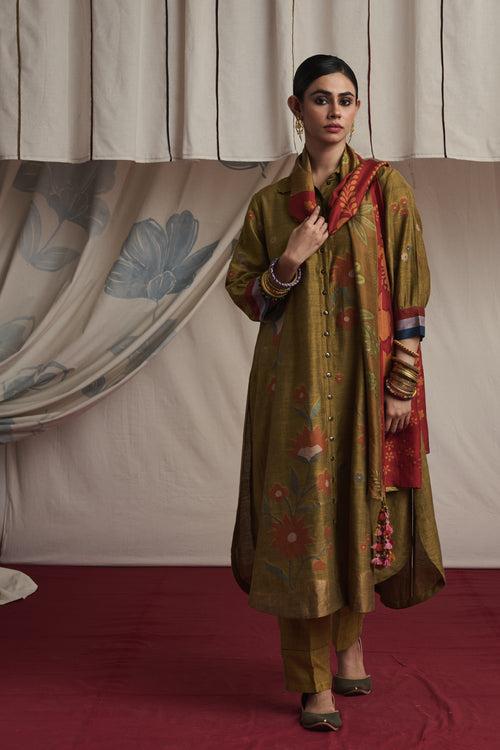 Mustard hand woven silk and khadi cotton jamdani Inaya kurta set