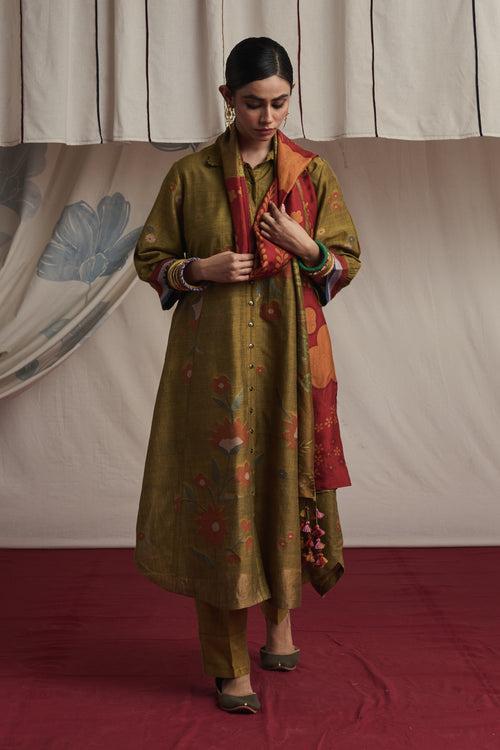 Mustard hand woven silk and khadi cotton jamdani Inaya kurta set