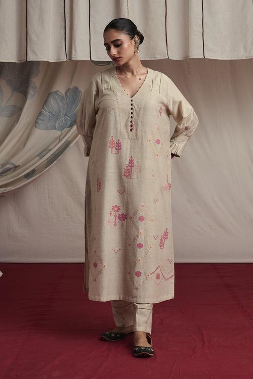 Ivory hand woven silk and khadi cotton jamdani Zaira kurta set.