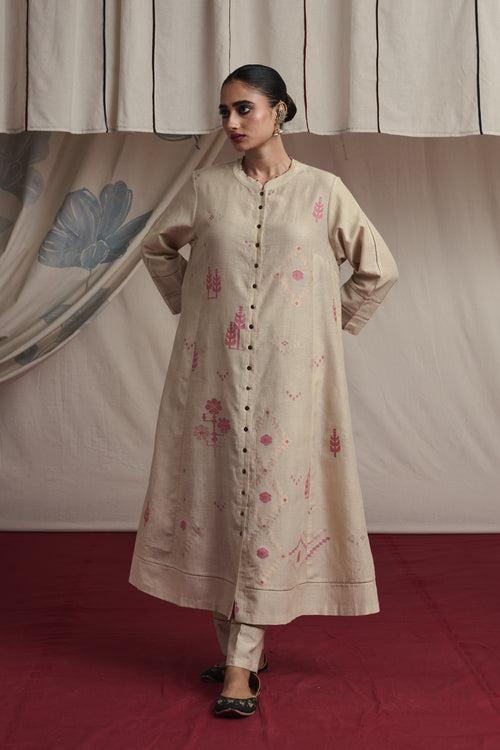 Ivory hand woven silk and khadi cotton jamdani Tahira kurta set.