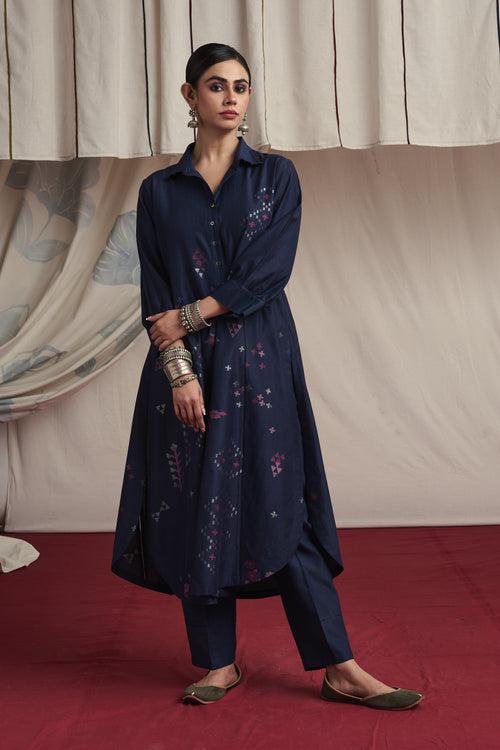 Indigo hand woven silk and khadi cotton jamdani Aliyah kurta set.