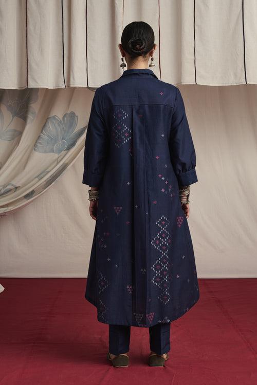 Indigo hand woven silk and khadi cotton jamdani Aliyah kurta set.