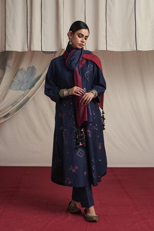 Indigo hand woven silk and khadi cotton jamdani Aliyah kurta set.