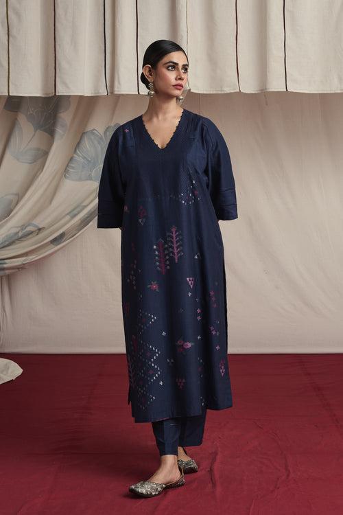 Indigo hand woven silk and khadi cotton jamdani Sara kurta set.