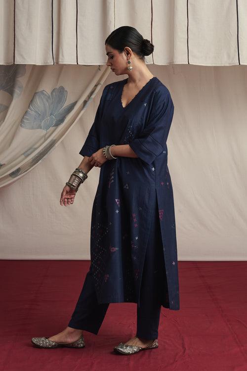 Indigo hand woven silk and khadi cotton jamdani Sara kurta set.