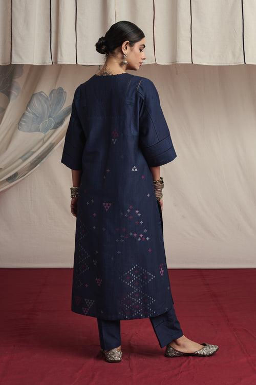 Indigo hand woven silk and khadi cotton jamdani Sara kurta set.