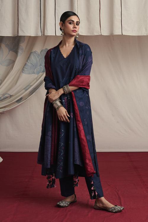 Indigo hand woven silk and khadi cotton jamdani Sara kurta set.