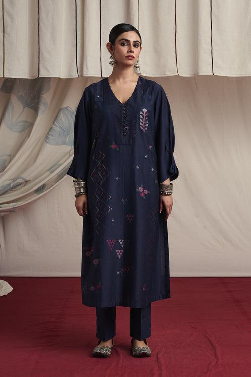 Indigo hand woven silk and khadi cotton jamdani Mahek kurta set.