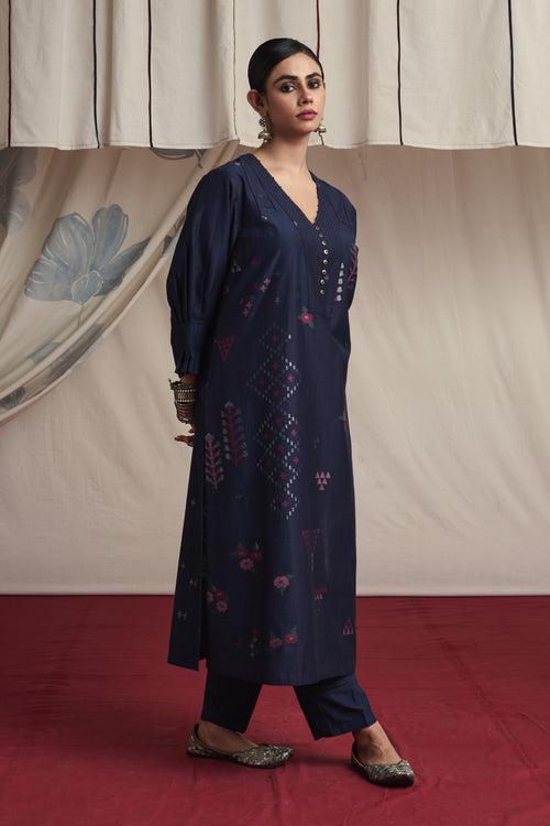 Indigo hand woven silk and khadi cotton jamdani Mahek kurta set.