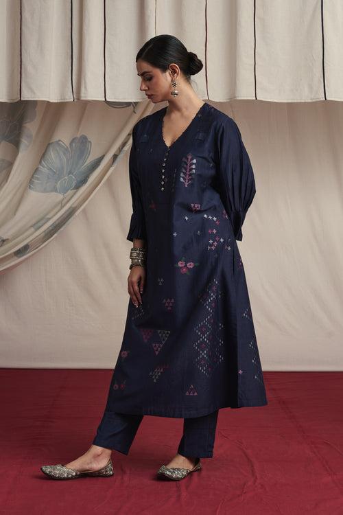 Indigo hand woven silk and khadi cotton jamdani Mahek kurta set.