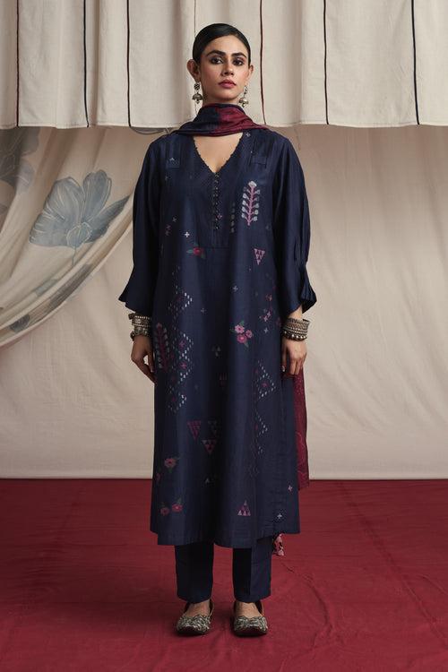 Indigo hand woven silk and khadi cotton jamdani Mahek kurta set.