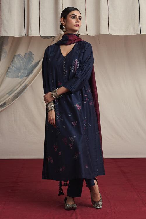 Indigo hand woven silk and khadi cotton jamdani Mahek kurta set.