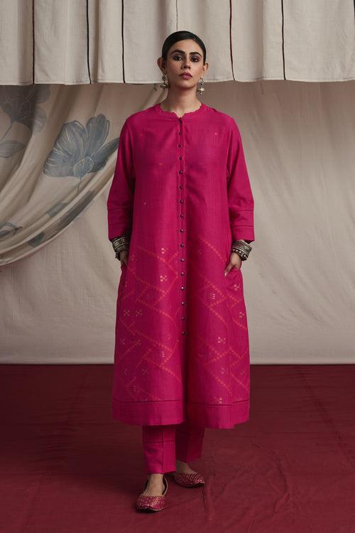 Hot pink hand woven silk and khadi cotton jamdani Nehal kurta set.