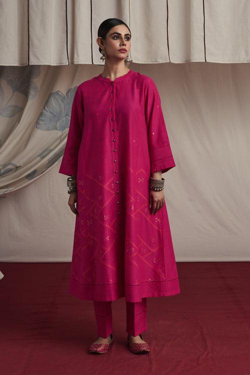 Hot pink hand woven silk and khadi cotton jamdani Nehal kurta set.