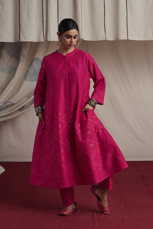 Hot pink hand woven silk and khadi cotton jamdani Nehal kurta set.