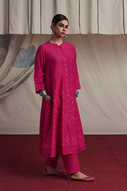 Hot pink hand woven silk and khadi cotton jamdani Nehal kurta set.