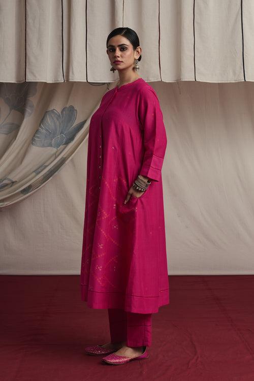 Hot pink hand woven silk and khadi cotton jamdani Nehal kurta set.